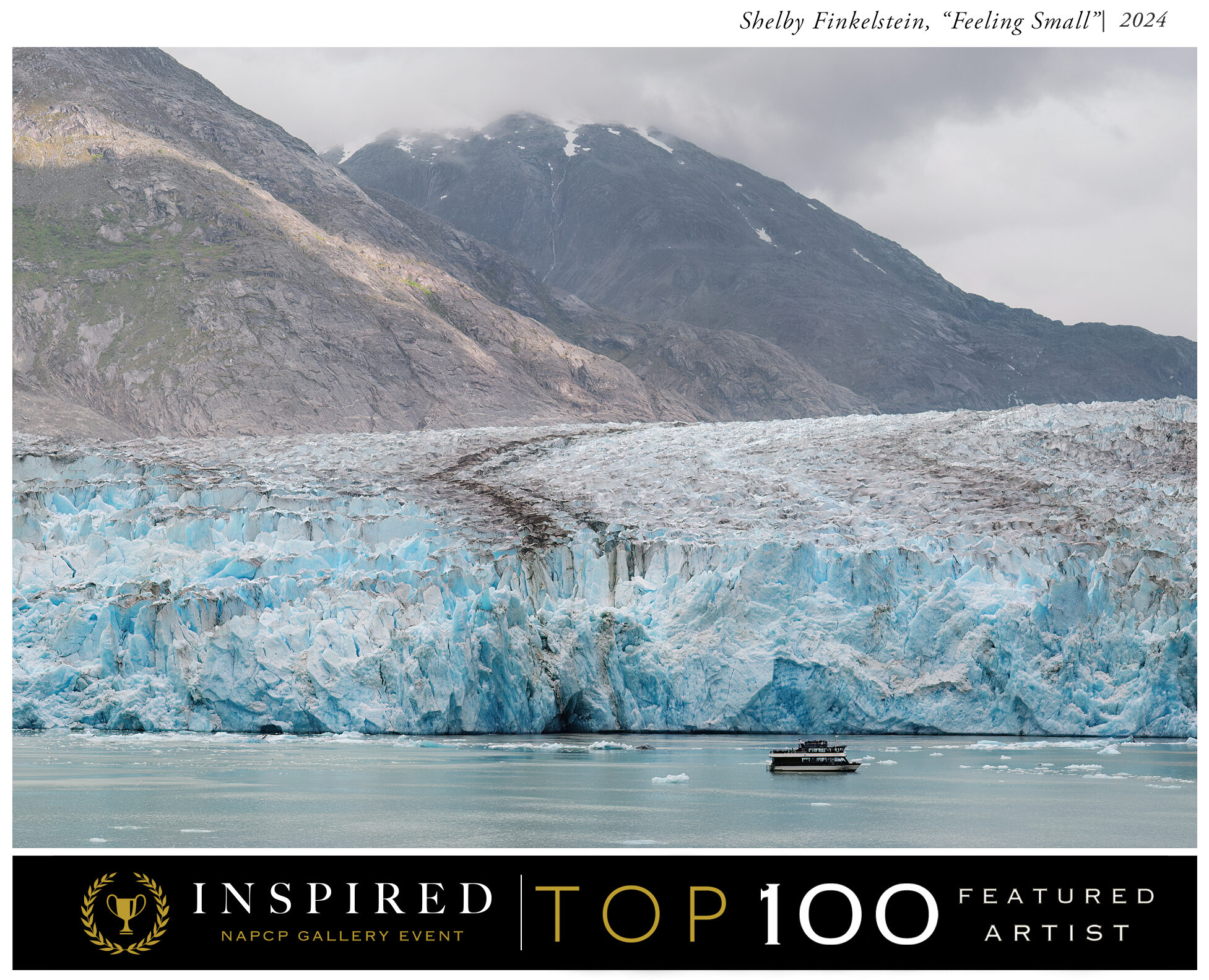 A boat dwarfed by an enormous glacier, creating a powerful contrast between nature and human presence, part of the NAPCP Top 100 selections.